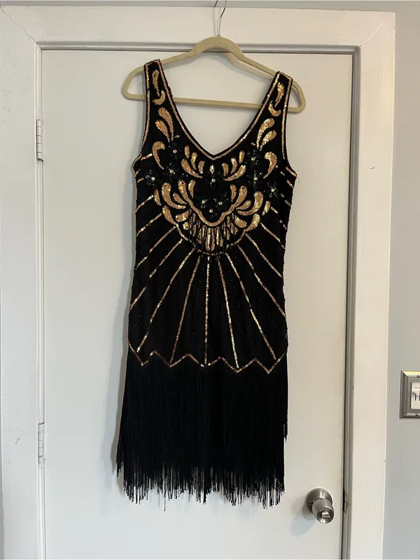 Babeyond Black & Gold Art Deco Fringe Cocktail Dress flapper costume sequins - Image 2