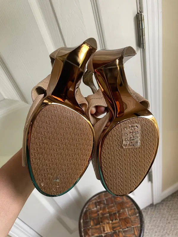 Michael Kors Taupe Preppy Quiet Luxury Textured High Heel Sandals - Image 6