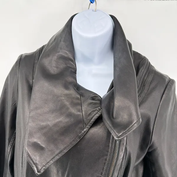 Alice + Olivia Black Lambskin Leather Asymmetric Drape Collar Moto Jacket Fits S - Image 4