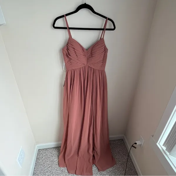 Azazie Alia bridesmaid gown NWT A6 Cedar Rose A-line Pleated Stretch Satin Dress - Image 9