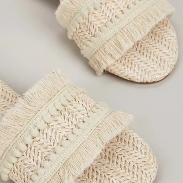 Fringe Straw Boho Sandals Open Toe Slides White Size 6 - Image 3
