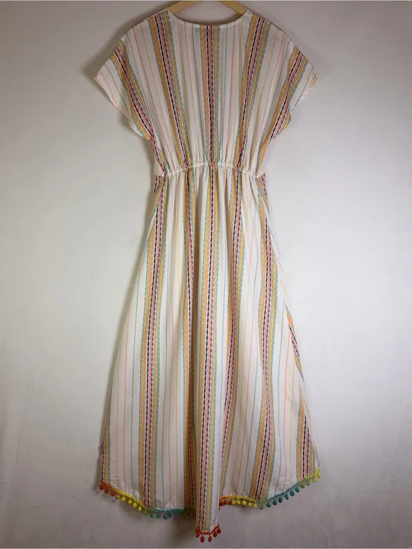 America & Beyond M Rainbow Stripe Pom Pom Maxi Dress Boho Resort Beach Vacation - Image 9