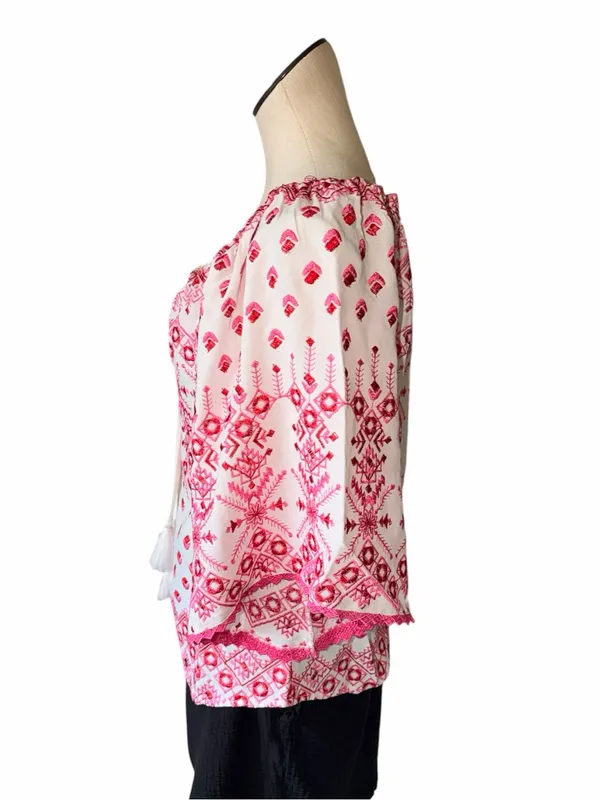 Hale Bob XS White Pink Embroidered Boho Top Blouse NWT Oversized - Image 3