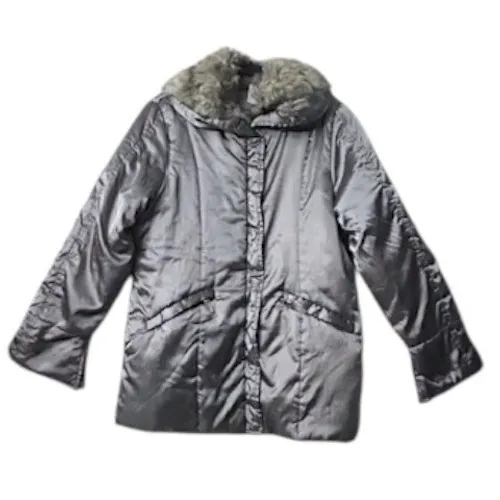 Womens Silver‎ Puffer Jacket Coat Faux Fur Trim Hooded Winter Cabincore Large - Image 3