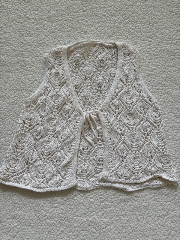 VTG Crochet Lace Tie-Front Vest Cardigan – Cream Coquette Coastal Boho Indie 70 - Image 2
