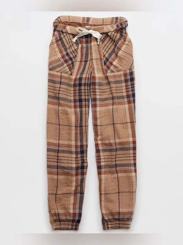 Aerie Tan Navy Plaid Soft Gauze Pajama Jogger Lounge Pants - size XL - Image 12