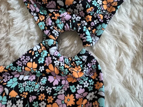 NWOT Juniors Floral Cutout One-Piece Swimsuit - Black with Pastel Flowers - Image 2