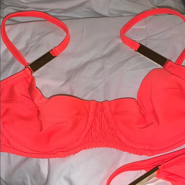 River Island shirred high leg‎ bikini set coral - Image 3