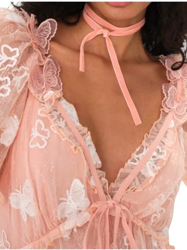 NWT For Love & Lemons Shari Sequined Butterfly Lace Puff Slv. Dress Size Small - Image 4