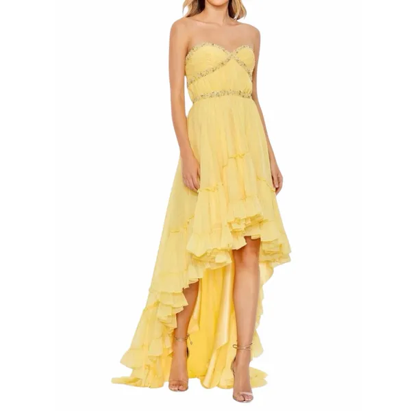 Mac Duggal Strapless Chiffon Hi Low Evening Gown Lemon Yellow Size 14 - Image 2