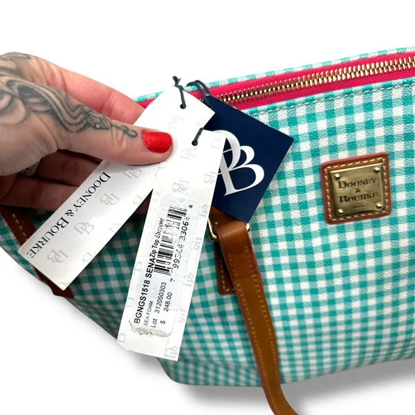 NEW Dooney & Bourke Sena Sea Foam Gingham Leather Zip Top Shopper Shoulder Bag - Image 8