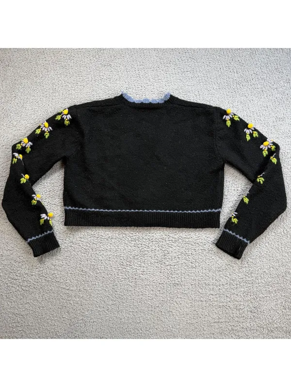 Zara Black Cropped Cardigan Small Floral Embroidered Cottagecore Sweater Womens - Image 2