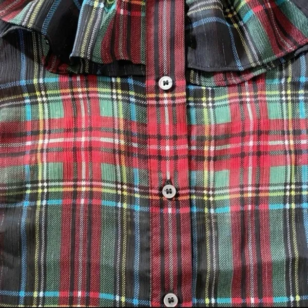 J. Crew Tartan Plaid Red Green Metallic Sheer Ruffle Button Tank‎ Blouse NWT S - Image 8