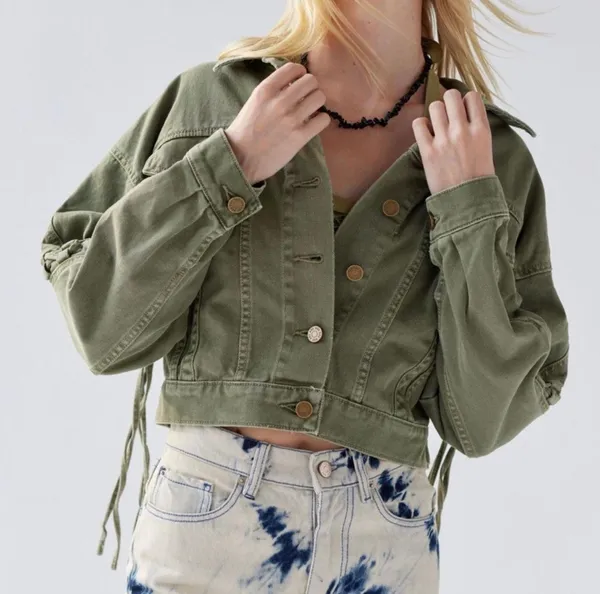 Urban Outfitters Army Olive Green BDG Samarria Laced Fringe Denim Trucker Jacket - Image 3