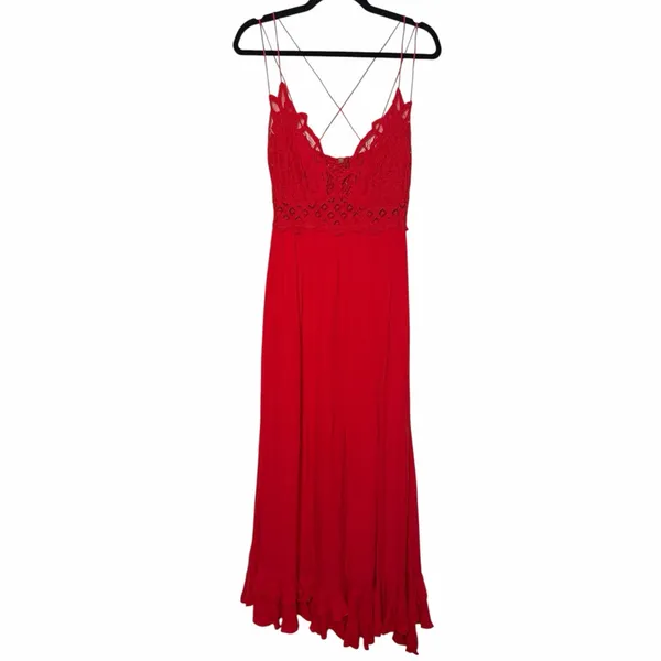 Free People Adella Lace Maxi Dress Red Romantic Boho Chic Crochet Strappy Small - Image 9