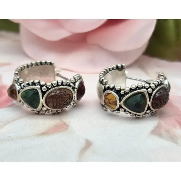 Liz Claiborne Cute Brushed Silver Tone Hoop Earrings Gemstone Accents Western - Image 2