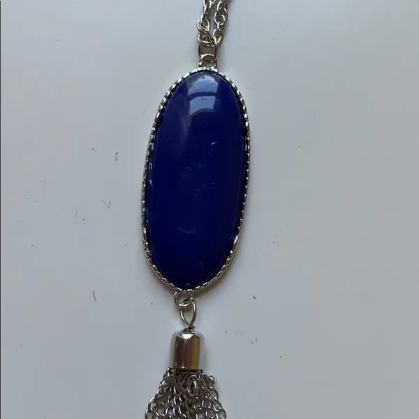Boho Faux Lapis Long SilverChain Pendant Necklace - Image 4