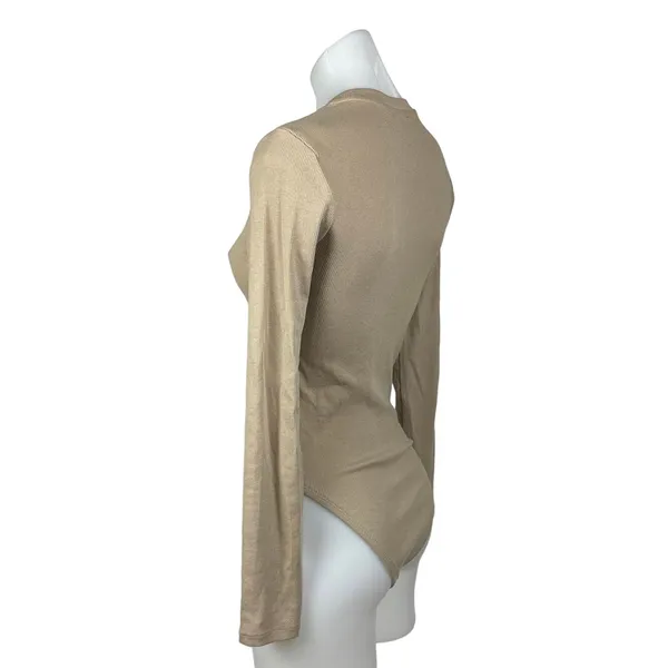 Zara Beige Crew Neck Long Sleeve Stretch Ribbed Knit Fitted Bodysuit Top Size M - Image 3