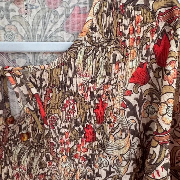 Entro Floral Smocked Mini Dress Long Sleeve Boho Tan Red Brown D21560 Womens M‎ - Image 6