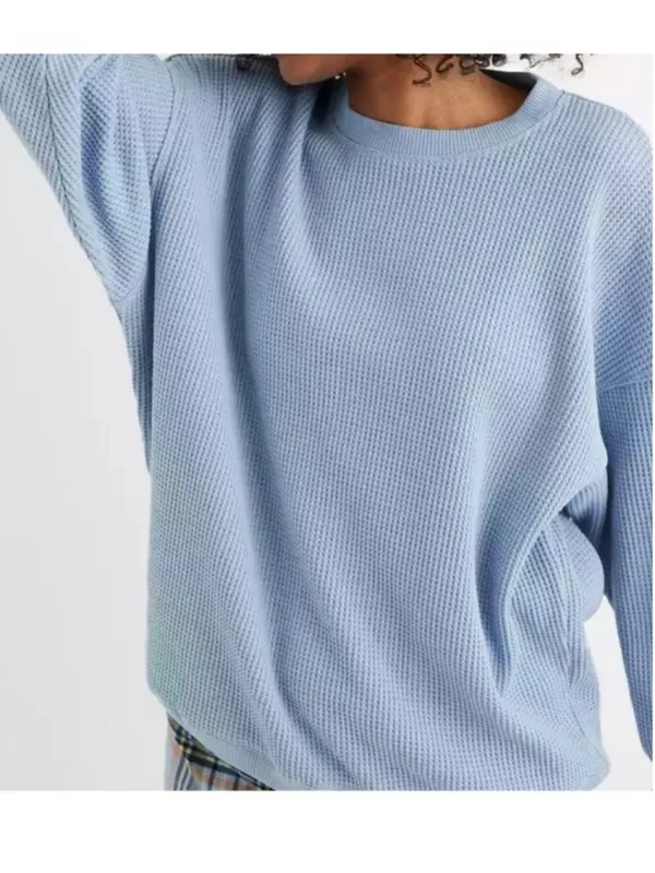 Aerie Blue Waffle Crewneck Oversized Pullover Sweatshirt Size Small - Image 2