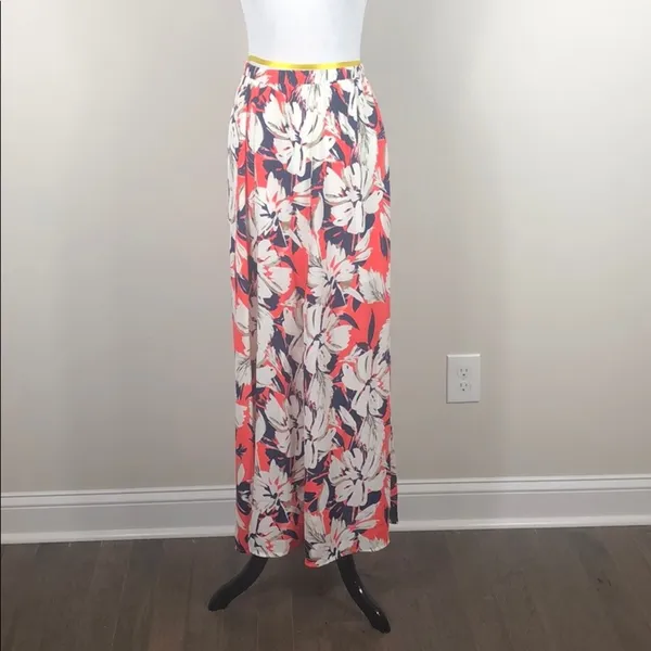 Floral Maxi Skirt Coral Navy High Waist Elastic Waist Side Slit Size Small - Image 5