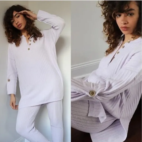 Free People Around The Clock Ribbed Henley Tunic Jogger Lounge Set Lavender‎ S - Image 2