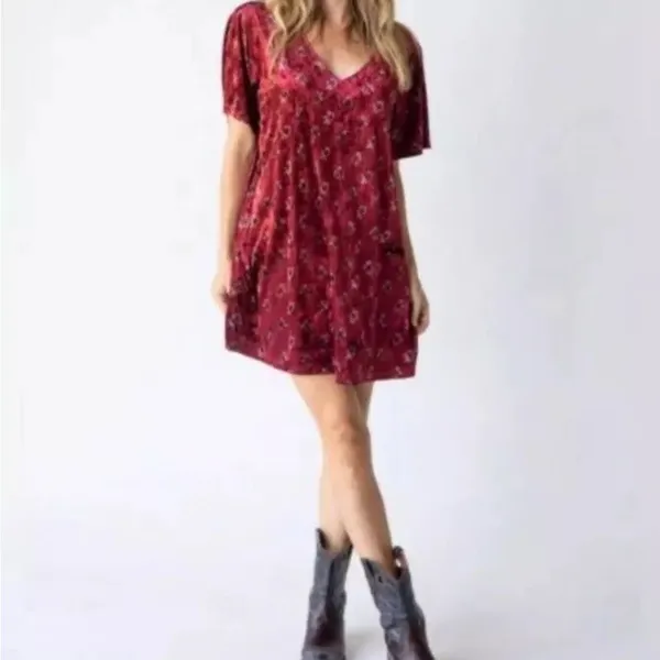 Natural Life Claire Velvet floral Mini Dress V-Neck Cranberry Floral‎ Sz L - Image 3