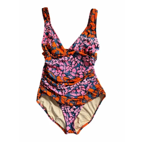 J.Crew Floral Ruched One Piece Swimsuit Pink Orange V Neck Size 8 Beach Resort - Image 3