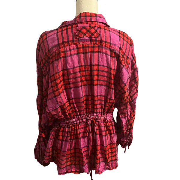 Free People Women's Pink Red Plaid Wool Blend Pacific Dawn Shirt Sz L Flannel - Image 4