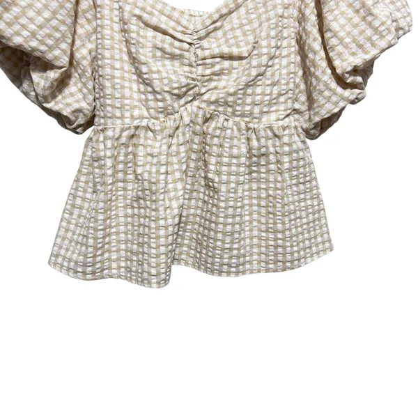 Old Navy Women Cottage Gingham Peplum Top L Tan\ Smocked Milkmaid Puff‎ Sleeve - Image 4