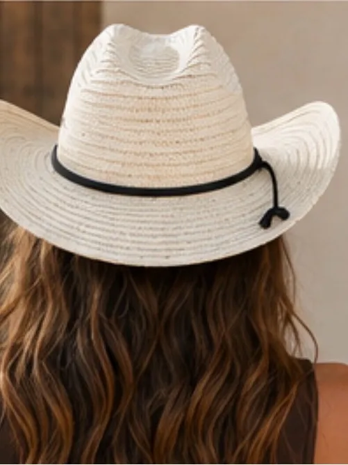 Women's Straw Cowboy Hat - Cream with Black Band - Image 3