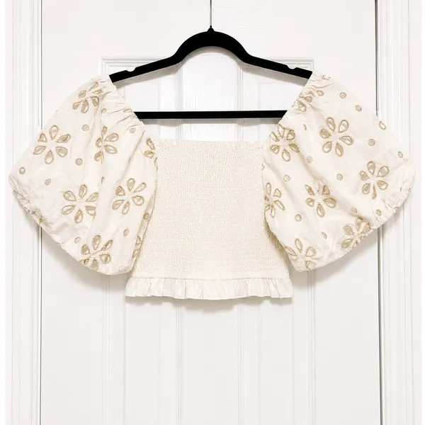 Surf Gypsy Cream Eyelet Puff Sleeve Crop Top Smocked Blouse Small Boho - Image 2