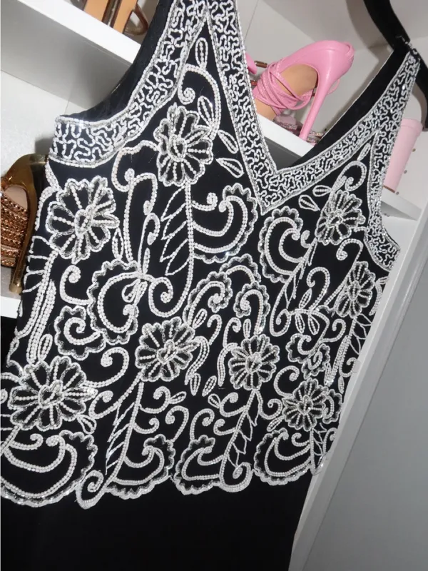 J Kara Black Maxi Dress with White Beaded Floral Bodice - Image 7