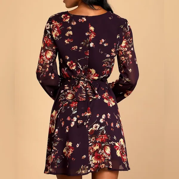Lulus Always Yours Plum Purple Floral Print Long Sleeve Skater Dress Size L - Image 2