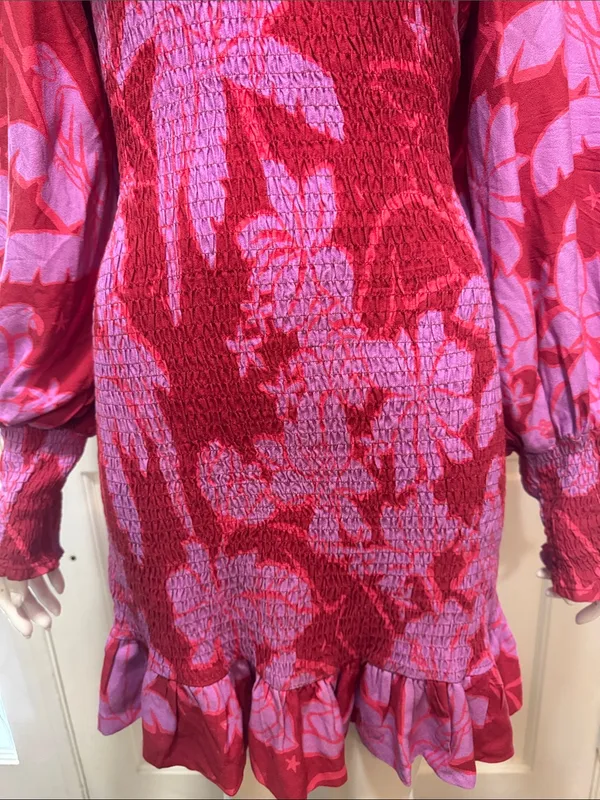 Farm Rio Smocked Floral Ruffle Mini Dress - Pink/Red - Image 5