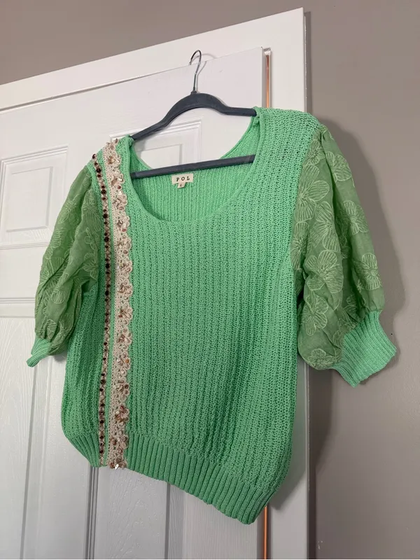POL Mint Green Puff-Sleeve Knit Top with Lace Trim - Image 3