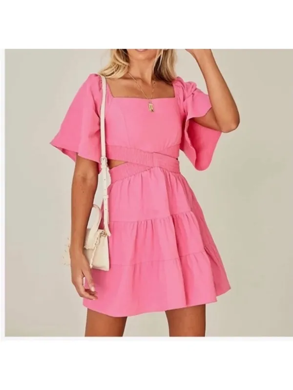 Shy Velvet Dress Womens L Crossover Cut Out‎ Waist Mini Summer Square Neck Pink - Image 3
