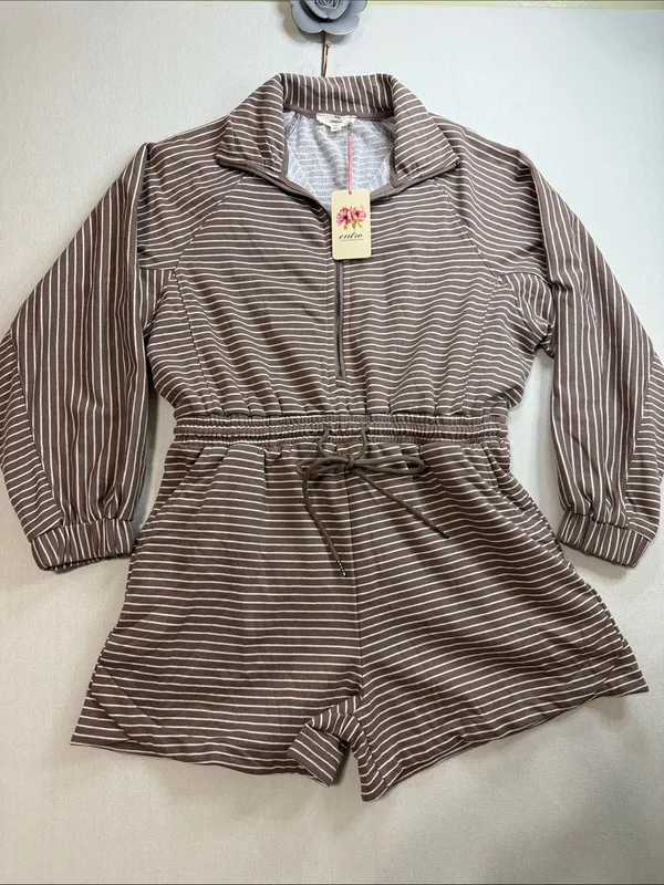 entro Taupe & White Striped Half-Zip Romper - Image 3