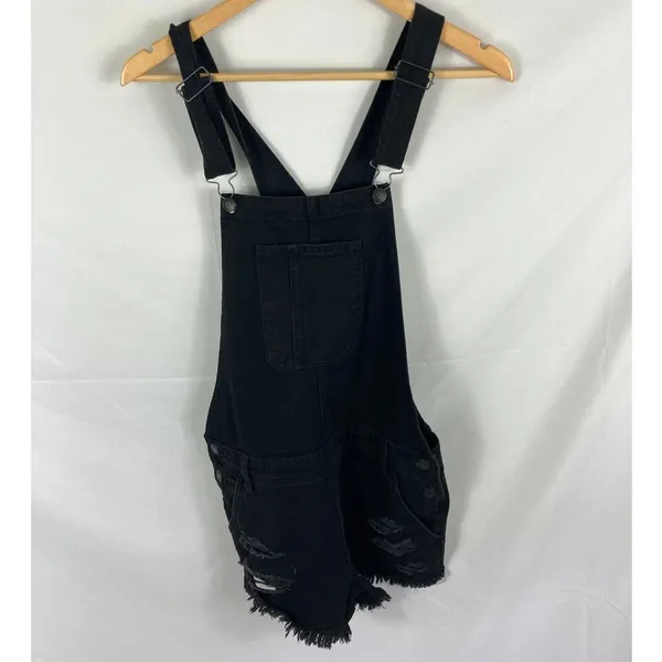 Black Distressed Short Overalls Size Small - Image 2