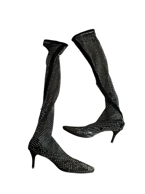 BLACK Mesh Rhinestone Pull On Boots Size JPN 24.5 / US 8.5 - Image 5