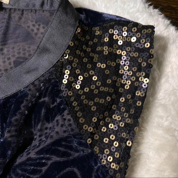 Anthropologie Tiny Navy Blue Button Down Sheer Velour Sequin Sleeveless Top - Image 5