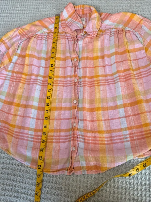 American Eagle Linen Blend Button Down Shirt Womens Small Orange Pink Plaid Boxy - Image 8