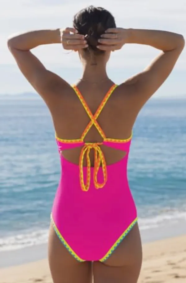 Popvil Women OnePiece Swimsuit Deep V Neck Neon Cute Bathing Suit Back Tie Swim Suits - Image 2