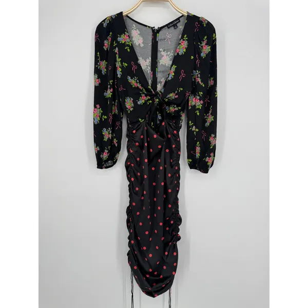 For Love‎ & Lemons Wilson Print Dress Small Black Floral Polka Dot Ruched Mini - Image 3