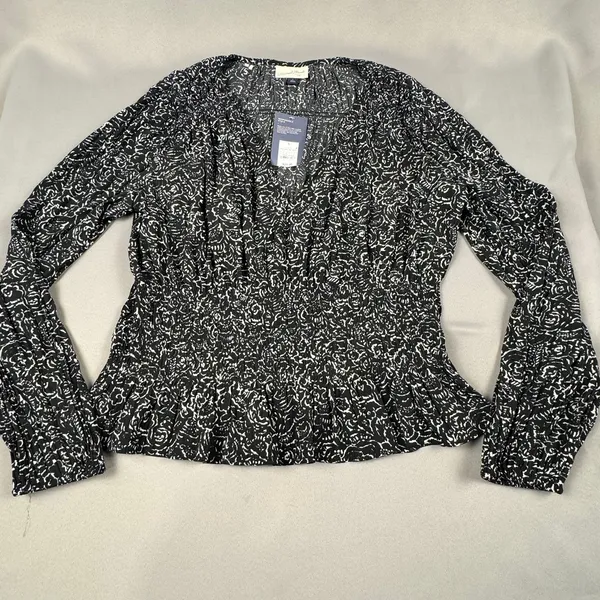 Universal Threads Black White Floral Smocked Peplum Top Long Sleeve NWT Large‎ - Image 2