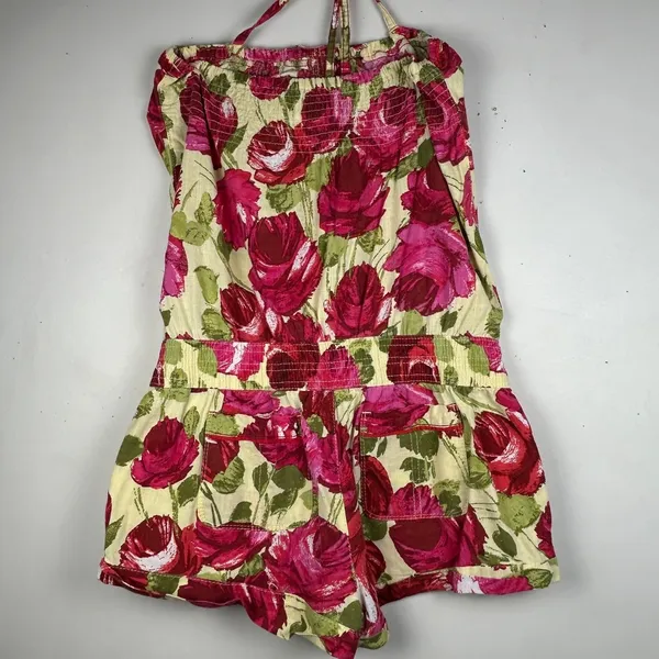 Abercrombie‎ & Fitch Floral Halter Romper Women M Pink Red Rose Pockets - Image 6