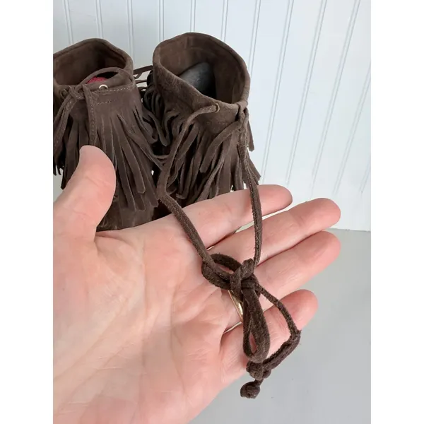 Daniblack Chocolate Brown Suede Fringe Collar Drawstring Tall Boot Flat 8.5M - Image 6
