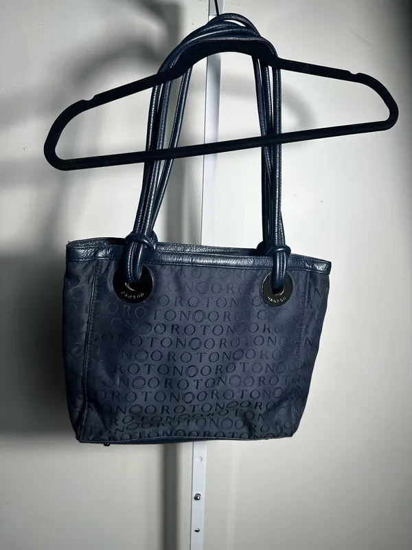 Oroton Navy Monogram Jacquard Leather Trim Shoulder Tote Bag Y2K - Image 6