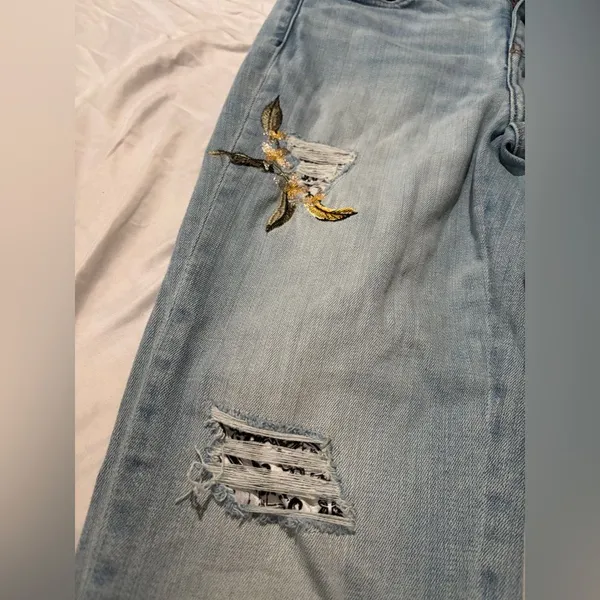 White House Black Market Light Wash Embroidered Distressed Straight Leg Jeans - Image 5