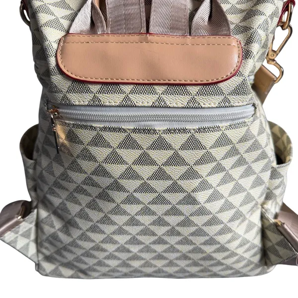 Geometric Print Convertible Backpack Bag Travel Tote Cream Taupe - Image 6